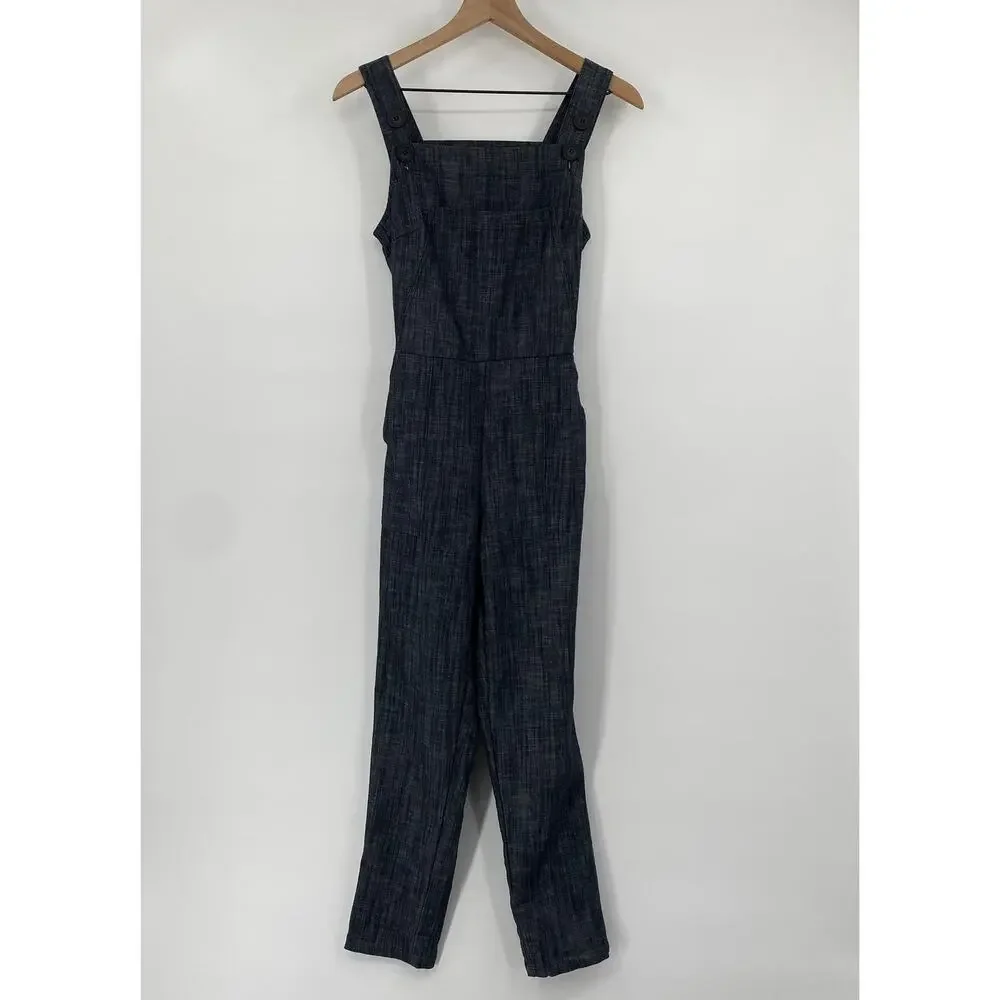 Nooworks Denim Overall Jumpsuit Wide Leg Sleeveless Chambray Dark Wash Womens XS - Picture 2 of 9